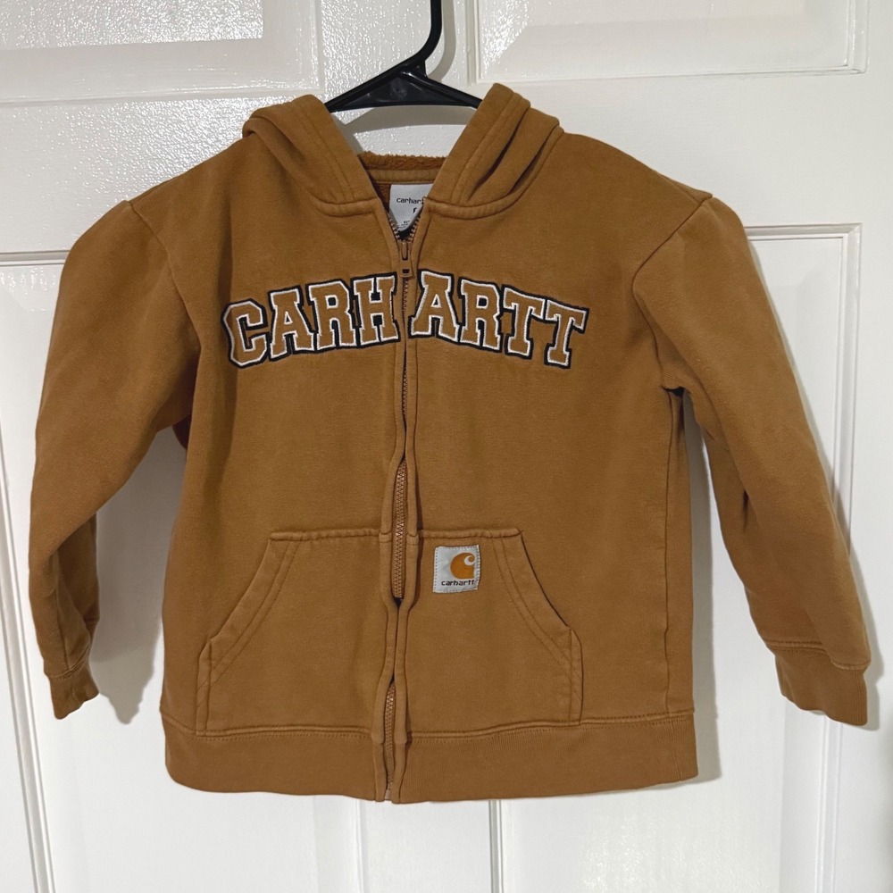 Carhartt Kids Brown Zip Up Hoodie Varsity Logo Fleece Sweatshirt Size 6